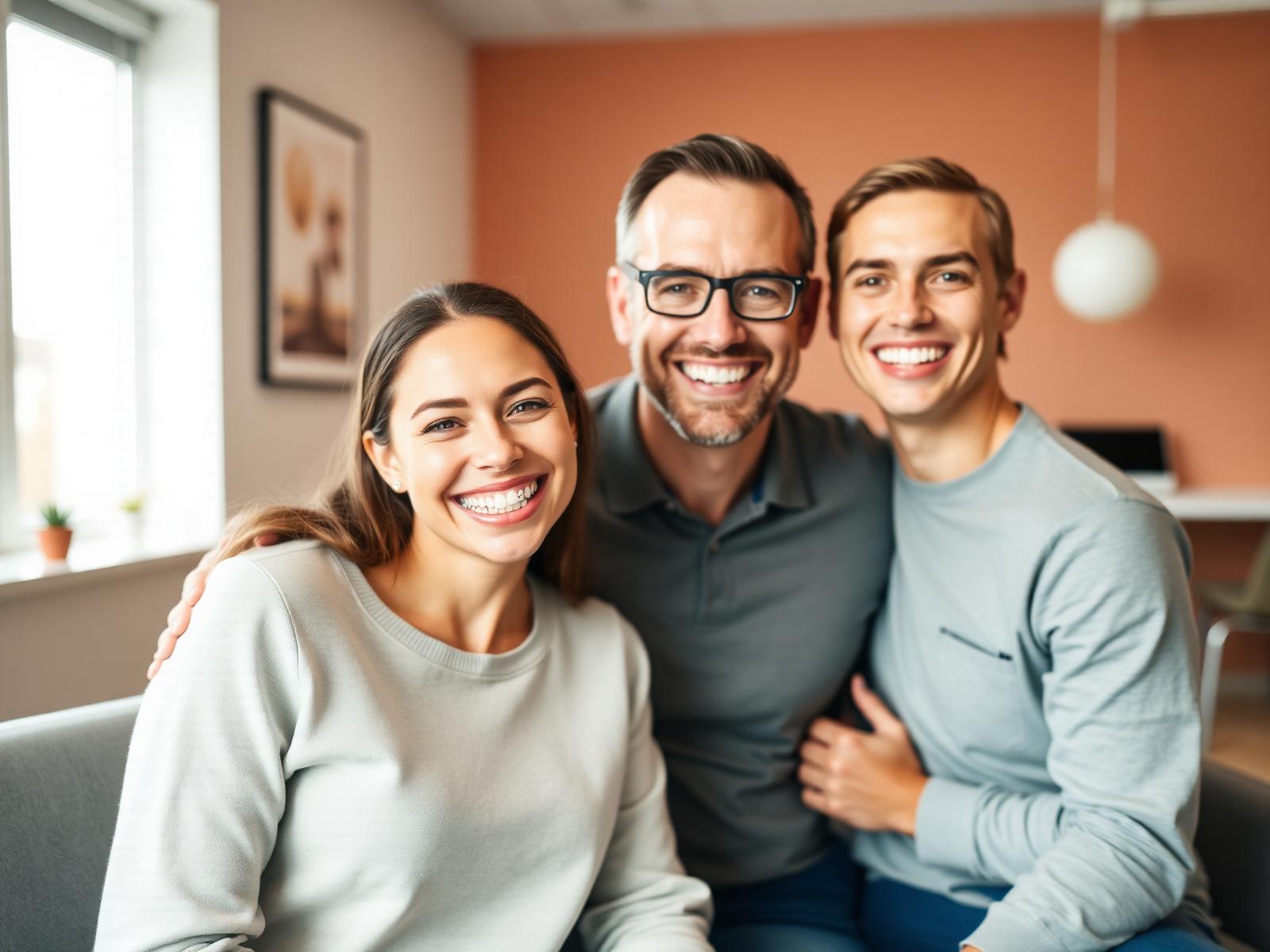 Happy family smiling in a bright modern orthodontist office